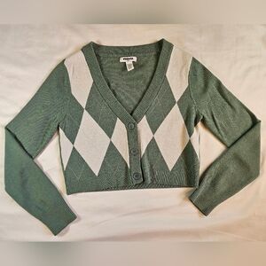 RSQ Juniors Green And White Argyle Cropped Button Up Cardigan Sweater Size Large